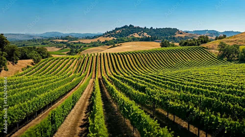 Scenic vineyard landscape transformation with rolling hills under blue sky Scenic vineyard landscape transformation with rolling hills under blue sky