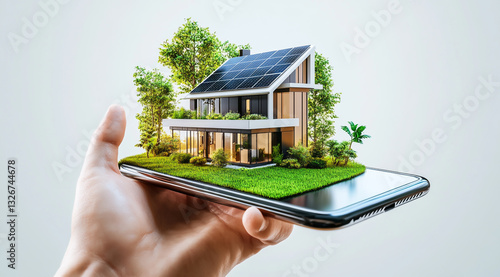 A modern house with solar panels on the roof and a garden, a smartphone in hand displaying a real estate website