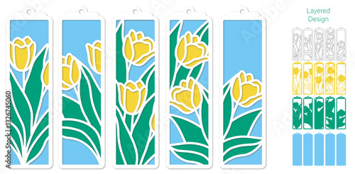 Set of 5 layered bookmarks with tulip flowers, Paper cut design for cricut and glowforge