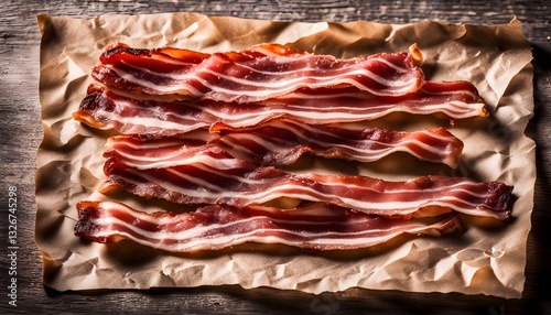 Raw smoked streaky sliced bacon on crumpled paper