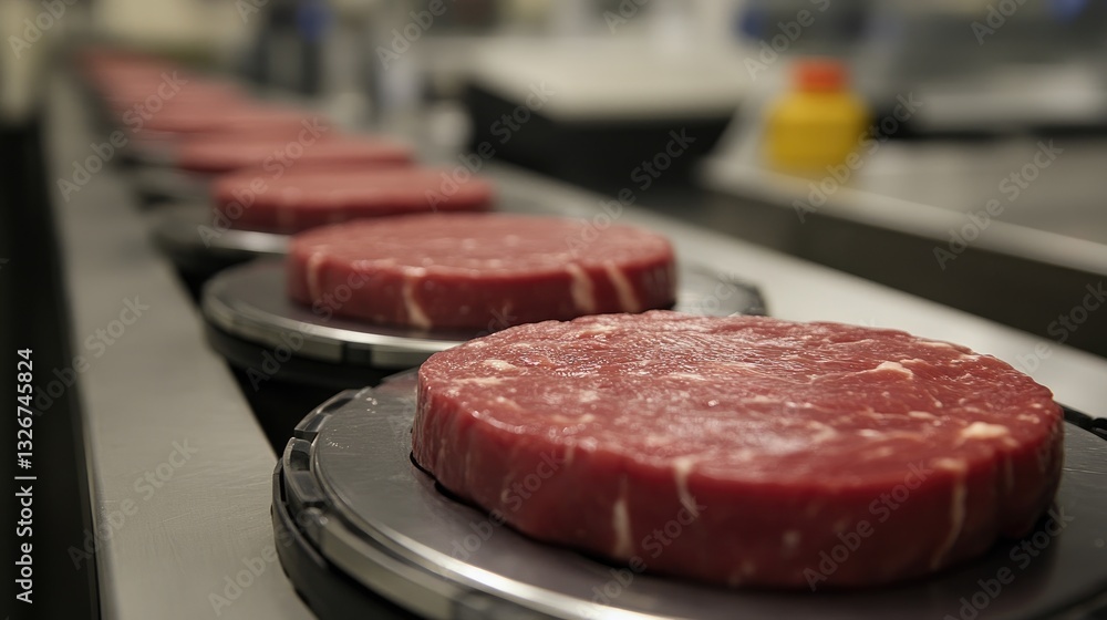 Meat packaging line with neatly arranged, vacuum-sealed portions moving through quality control Meat packaging line with neatly arranged, vacuum-sealed portions moving through quality control