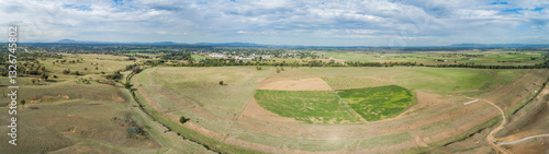 Aerial view of an irrigation pivot in farm paddock