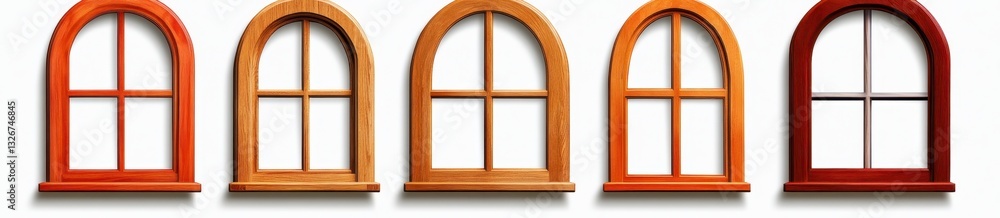 Five arched wooden windows in varying shades of brown and red, arranged in a row against a white background. Each window has a four pane design. Five arched wooden windows in varying shades of brown and red, arranged in a row against a white background. Each window has a four pane design.