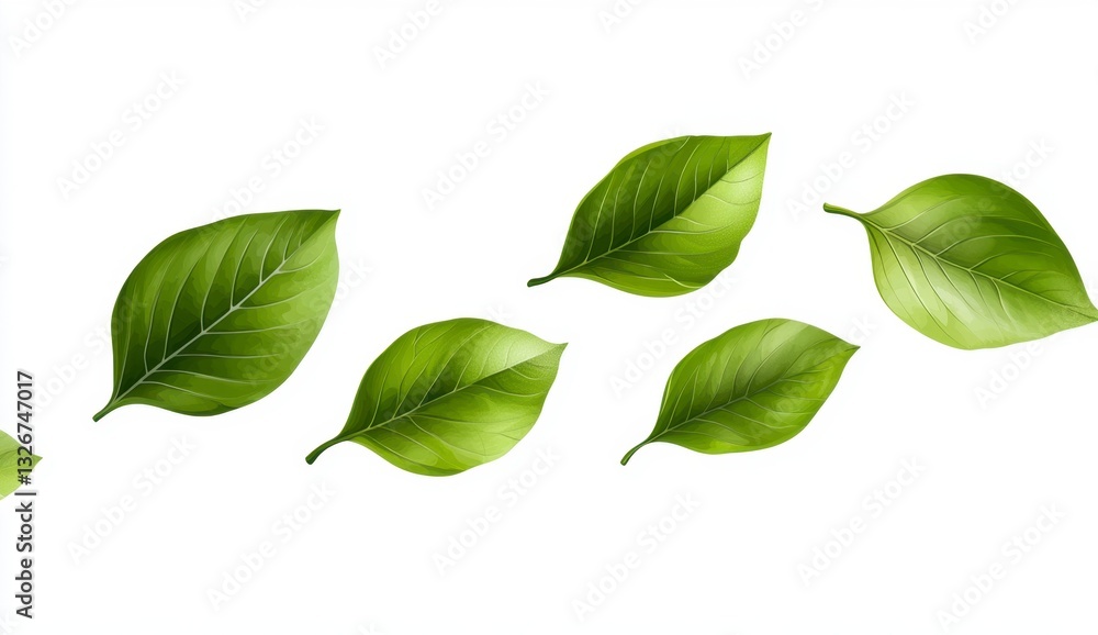 Five green leaves gently float against a bright white background. The leaves are slightly translucent, with visible veins and subtle texture. Soft lighting creates a peaceful and serene mood. Five green leaves gently float against a bright white background. The leaves are slightly translucent, with visible veins and subtle texture. Soft lighting creates a peaceful and serene mood.