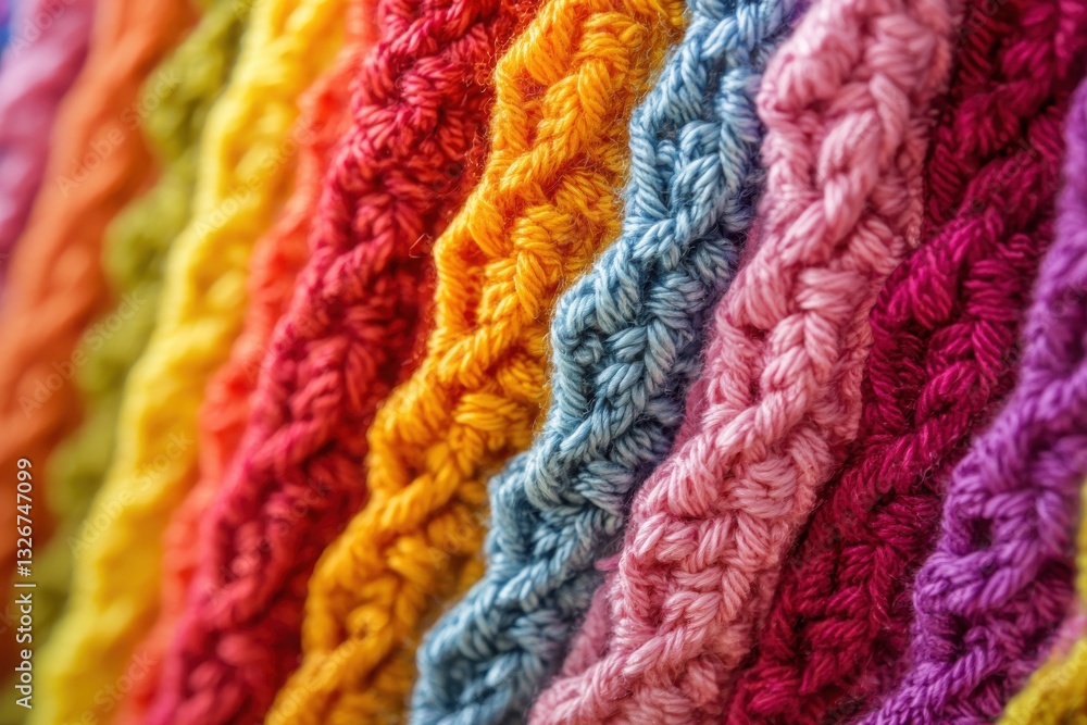 A vibrant close-up view of colorful crochet patterns showcasing an array of wavy textures in various hues. A vibrant close-up view of colorful crochet patterns showcasing an array of wavy textures in various hues.