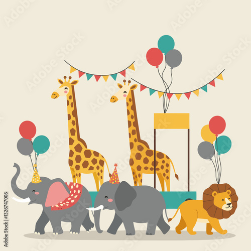 Cartoon Animals Celebrating Party with Balloons and Decorative Banner