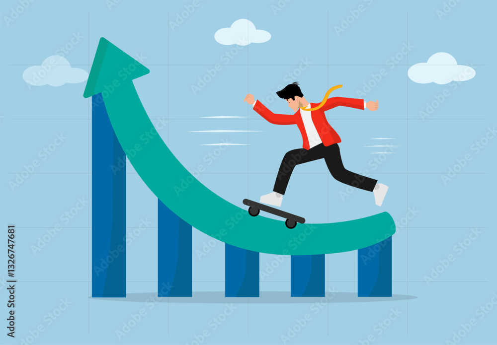 Obraz premium Business Growth and Success Concept. A Young Businessman Riding a Skateboard on an Upward Arrow Chart Symbolizing Career Growth, Financial Progress, Risk-Taking, Innovation, and Entrepreneurial Succes