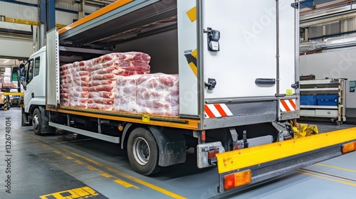 Refrigerated delivery truck loaded with vacuum-sealed meat products at a factory dock