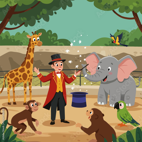 Magician Performing Magic with Animals at a Zoo Cartoon Illustration