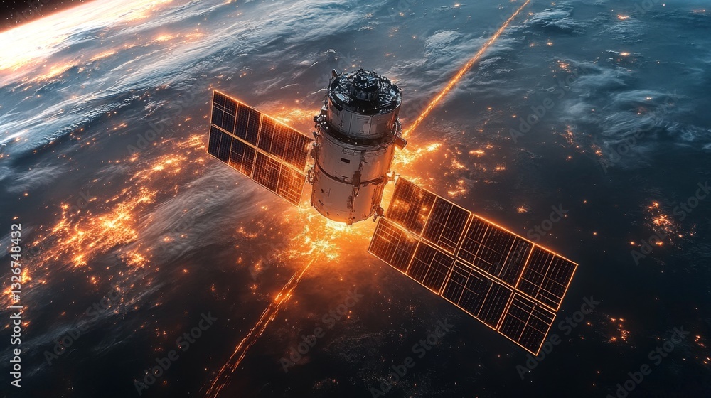 A spacecraft equipped with solar panels transmits crucial positioning signals while orbiting Earth during twilight. The planet's illuminated surfaces highlight urban areas below.