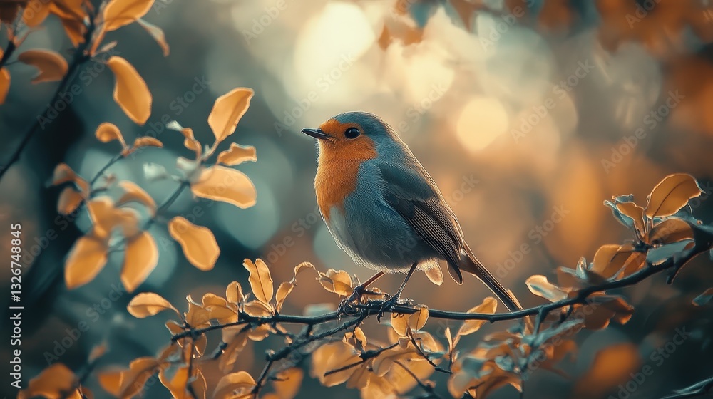 A close-up of a European robin perched on a branch, surrounded by blurred autumn foliage in soft pastel tones. A close-up of a European robin perched on a branch, surrounded by blurred autumn foliage in soft pastel tones.