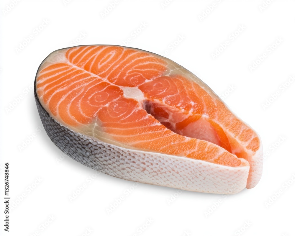 Fresh salmon fillet, orange flesh, skin, white background, close up, food photography, healthy eating, delicious meal, raw seafood. Fresh salmon fillet, orange flesh, skin, white background, close up, food photography, healthy eating, delicious meal, raw seafood.
