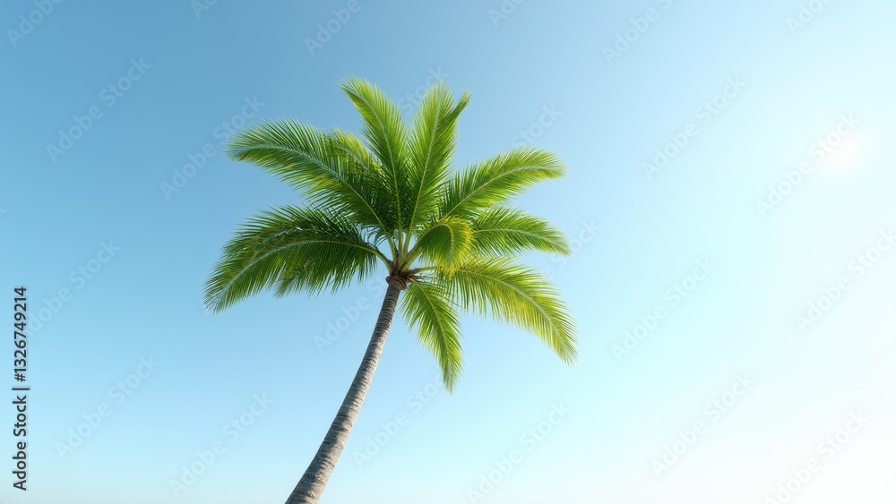 A little palm tree stands tall against a clear blue sky, its green fronds fanning out beautifully.