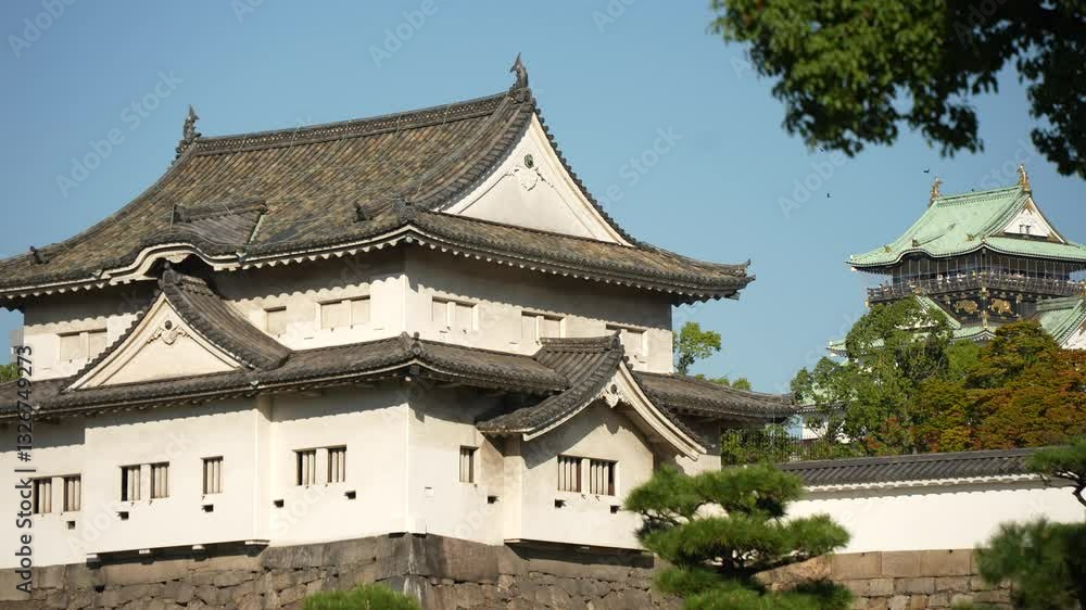 View of Osaka Castle from the entrance on a sunny day, Osaka Castle (Osakajo), Chuo Ward, Osaka, Honshu, Japan View of Osaka Castle from the entrance on a sunny day, Osaka Castle (Osakajo), Chuo Ward, Osaka, Honshu, Japan
