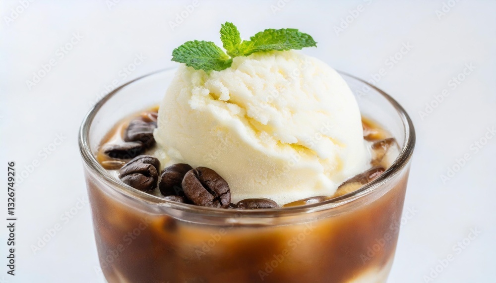 Refreshing Iced Coffee with Vanilla Ice Cream and Coffee Beans Isolated on White Background Refreshing Iced Coffee with Vanilla Ice Cream and Coffee Beans Isolated on White Background