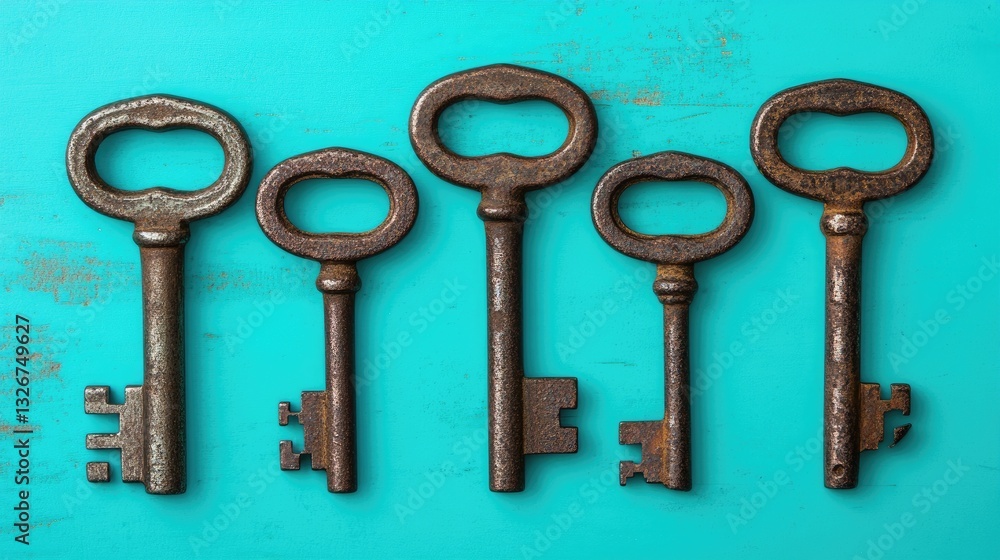Set of five old iron keys arranged in a circle on a gradient turquoise background Set of five old iron keys arranged in a circle on a gradient turquoise background
