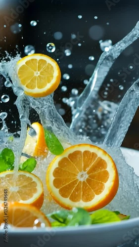 Splash of Water with Lemon and Herbs in a Bowl, Capturing Freshness and Culinary Artistry