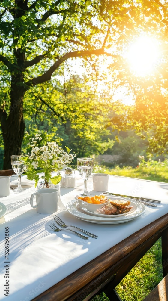 Fototapeta premium Elegant outdoor dining experience with biodegradable tableware in bright sunlight eye-level view