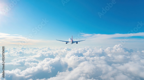 plane soars above fluffy white clouds clear blue sky, capturing serene aerial view. aircraft wings are spread wide as it navigates through vast expanse, evoking sense of freedom and adventure
