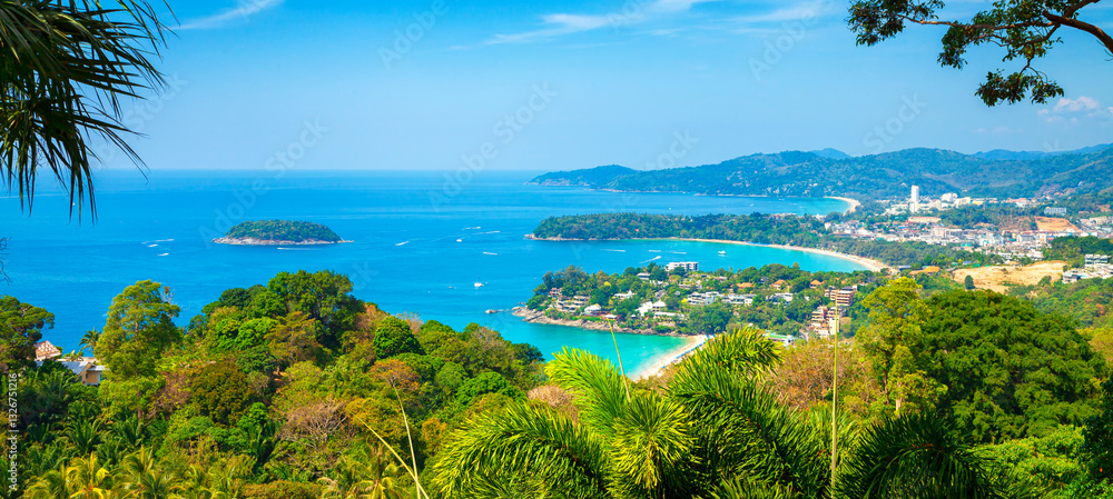 Scenic view of Karon and Kata Beach from the vewpoint in Phuket Thailand. Beautiful view from the mountain to the beaches of Phuket in Thailand. Scenic tourist spots in Phuket.