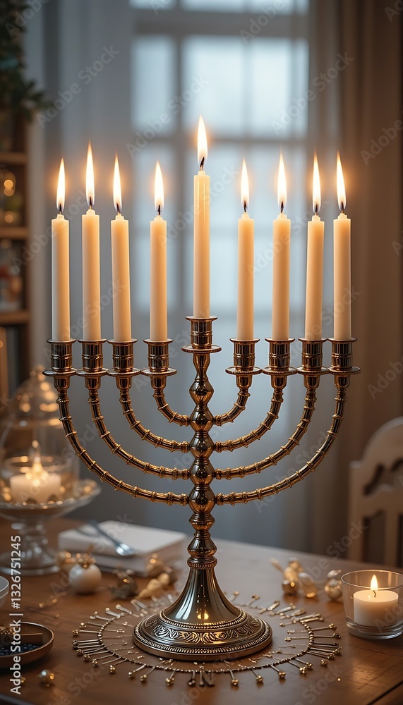 Hanukkah Menorah Candles Burning Bright for Jewish Holiday Celebration Hanukkah Menorah Candles Burning Bright for Jewish Holiday Celebration