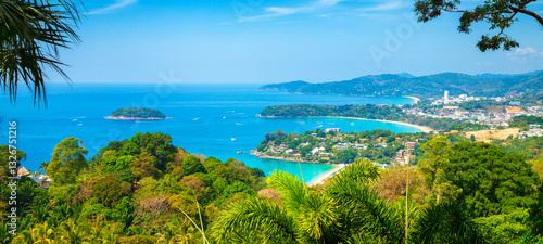 Obraz na płótnie Scenic view of Karon and Kata Beach from the vewpoint in Phuket Thailand. Beautiful view from the mountain to the beaches of Phuket in Thailand. Scenic tourist spots in Phuket. w salonie
