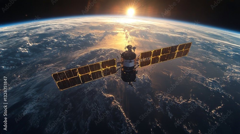 Obraz premium A satellite orbits Earth, transmitting telemetry data and signals while its solar panels reflect sunlight during dawn. The planet's surface reveals clouds and oceans below.