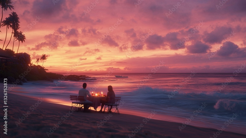 Photorealistic image of a couple enjoying a candle-lit dinner on a beach at dusk, with waves lapping close by and a pink sunset sky
Photorealistic image of a couple enjoying a candle-lit dinner on a beach at dusk, with waves lapping close by and a pink sunset sky