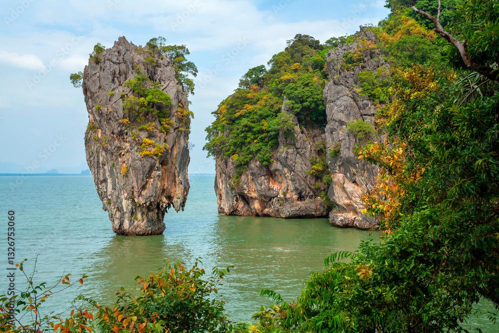 Scenic view landscape James bond island Phang-Nga bay near Phuket, Thailand. Landscape of famous place on Phuket, Thailand. Beautiful place of Phuket.