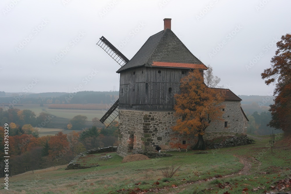 Fototapeta premium A large windmill is on a hillside with a stone house in the distance
