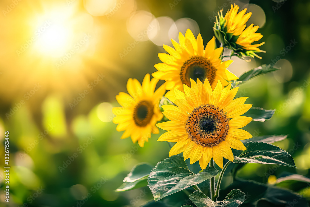 Obraz premium Field of yellow sunflowers with a bright, sunny sky in the background. The sunflowers are in full bloom and are scattered throughout the field. The scene is peaceful and serene