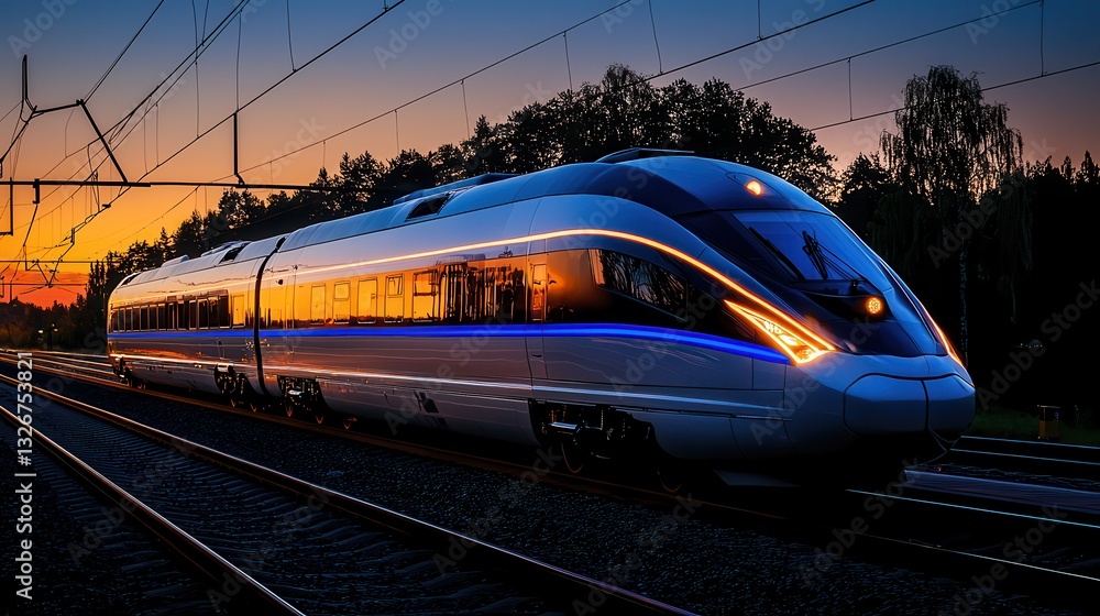 Naklejka premium Modern High-Speed Train on Tracks During Sunset with Vibrant Sky Colors