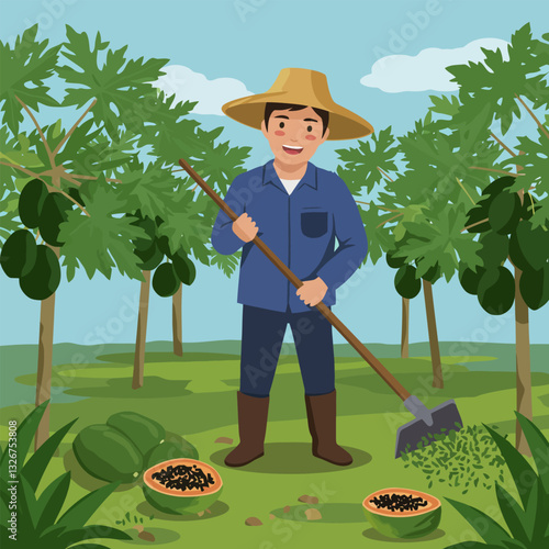 Farmer Raking Field Near Papaya Trees Fresh Fruit Harvest Illustration