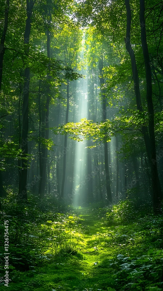 Fototapeta premium Glowing Sunbeams Illuminating the Lush Green Forest Path