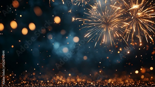 Festive fireworks display at night, sparkling bokeh background, celebratory event