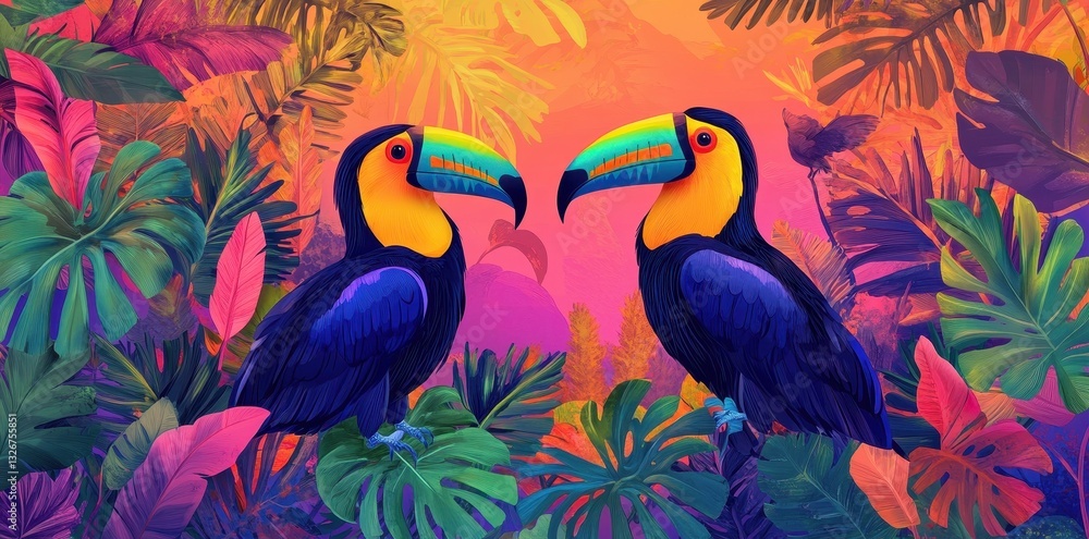 Fototapeta premium Two Toucans Posed Within a Colorful Tropical Jungle Setting
