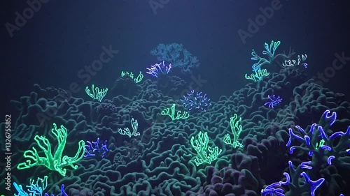 A magical and surreal underwater world with vibrant, bioluminescent coral and sea plants glowing in the deep blue ocean. A fantastical and serene marine landscape.