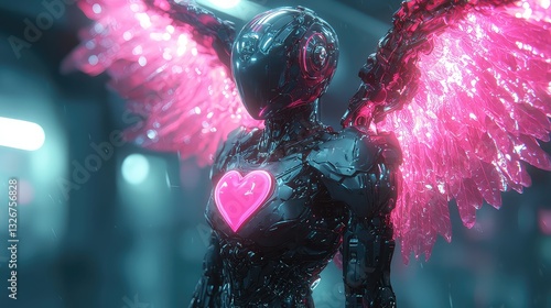 Futuristic Female Robot Angel with Pink Crystal Wings and Glowing Heart, Cyberpunk Style 3D Render