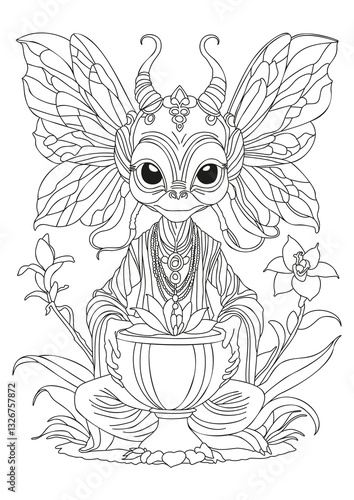 Alien sitting hugging a flower in a pot. Coloring page.