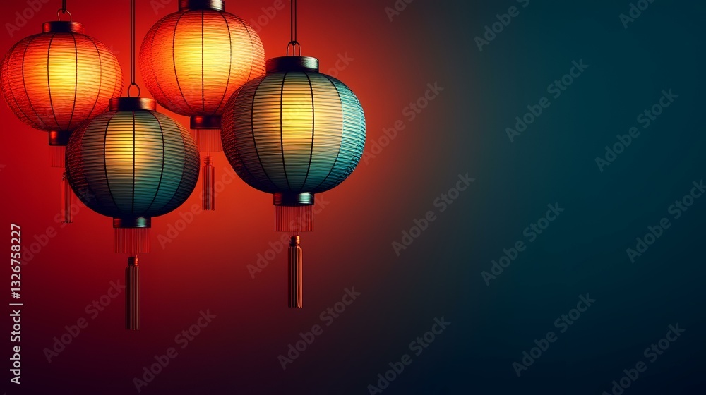 Fototapeta premium Illuminated Asian lanterns hanging against a dark background, ideal for festive celebrations or cultural events