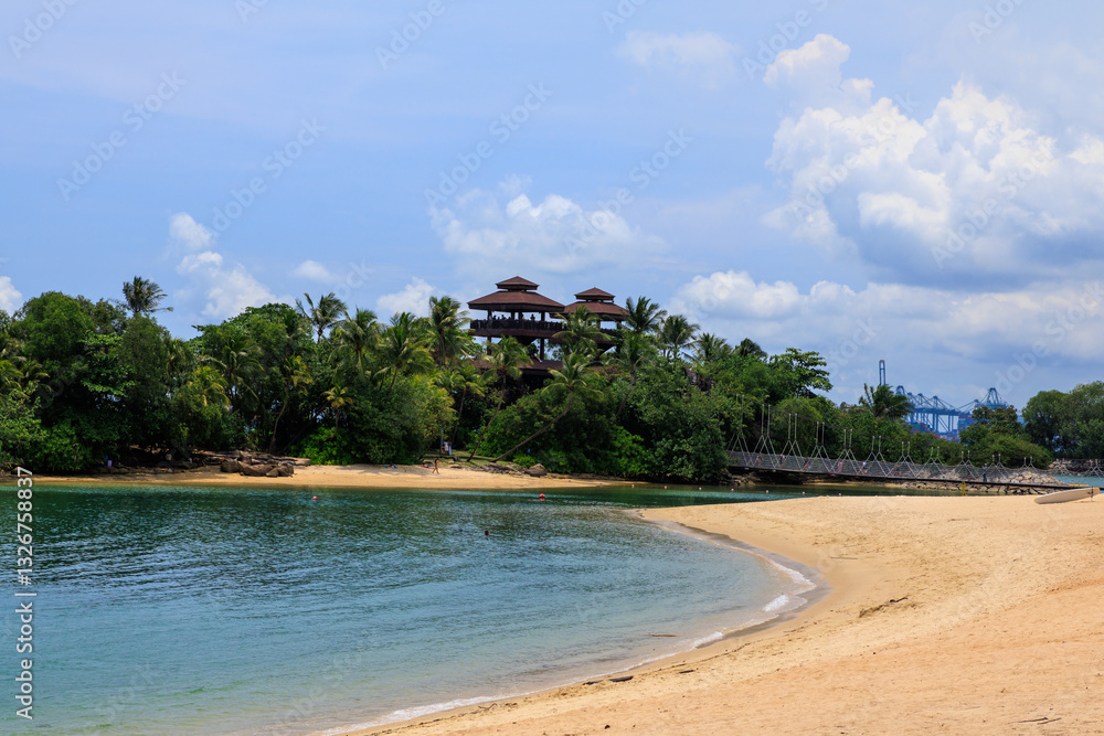 Lookout towers on islet at Palawan Beach named Southernmost Point of Continental Asia in Sentosa Island, Singapore