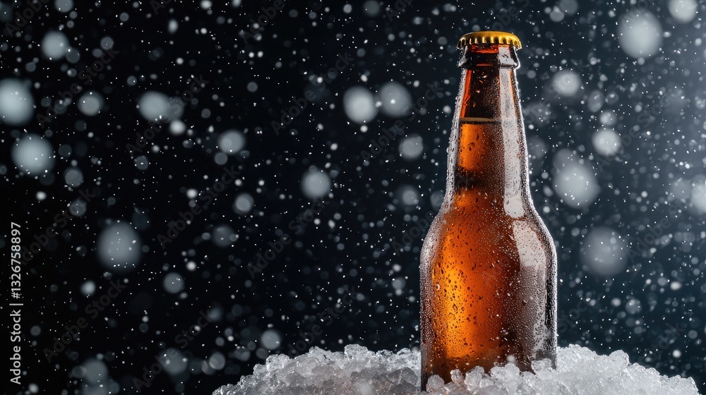 A cold bottle of beer surrounded by ice, showcasing condensation droplets against a dark, snowy background. A cold bottle of beer surrounded by ice, showcasing condensation droplets against a dark, snowy background.