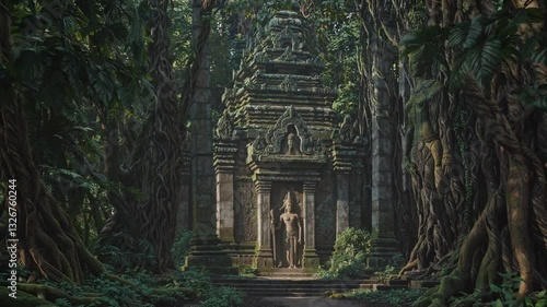 Ancient ruins of a forgotten sanctuary hidden deep within a lush, overgrown forest. A mysterious and adventurous discovery of a lost civilization's sacred architecture.