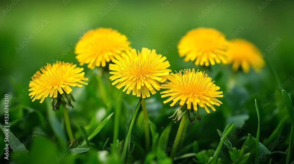 Vibrant yellow dandelions in full bloom against a lush green grass background Vibrant yellow dandelions in full bloom against a lush green grass background
