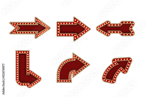 Marquee frames arrows with red border, retro casino sign. Vintage circus banners with yellow light bulbs. Vector illustration.
