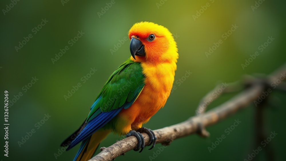 A vibrant parrot bird small with bright yellow, orange, green, and blue feathers perched on a branch. A vibrant parrot bird small with bright yellow, orange, green, and blue feathers perched on a branch.