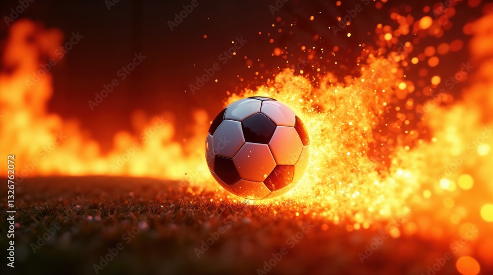 Fototapeta premium Soccer ball surrounded by intense flames on grass field