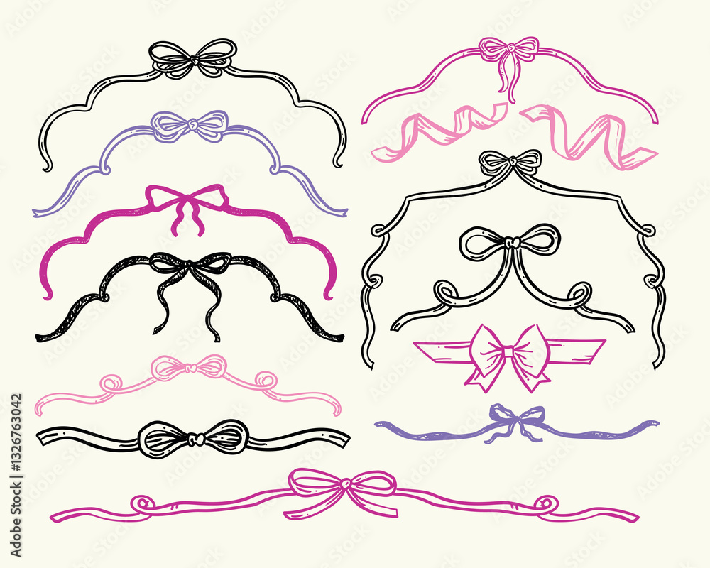 Fototapeta premium Hand drawn whimsical style bow's collection dividers and frames- vector set