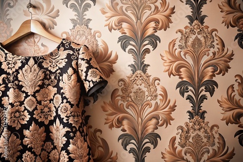 Elegant Black & Peach Floral Damask Pattern for Modern Interior & Fashion Design Stock Photo
