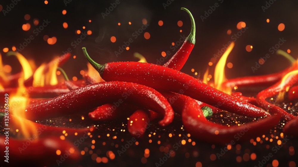 A vivid image featuring red chili peppers surrounded by flames, showcasing their fiery essence and vibrant colors. A vivid image featuring red chili peppers surrounded by flames, showcasing their fiery essence and vibrant colors.